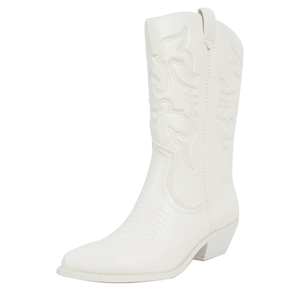 White Faux Leather Cowboy  Pull On Boot - Picture 2 of 7